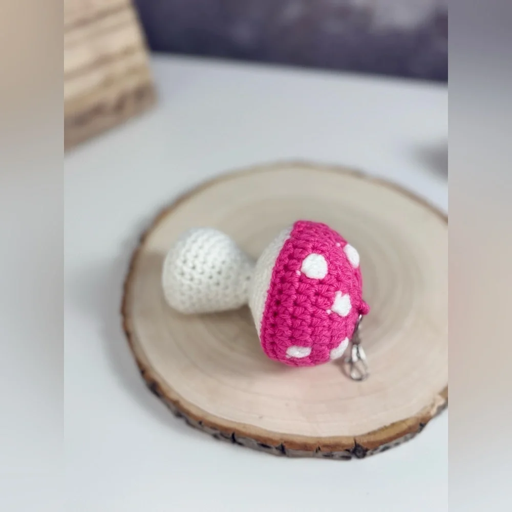 Handcrafted Mushroom Pink and White Crochet Keychain